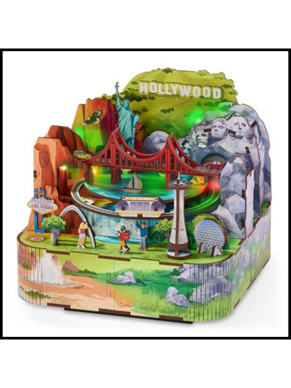 Wooden 3D DIY Miniature Puzzle LED Moving Monorail US Landmarks